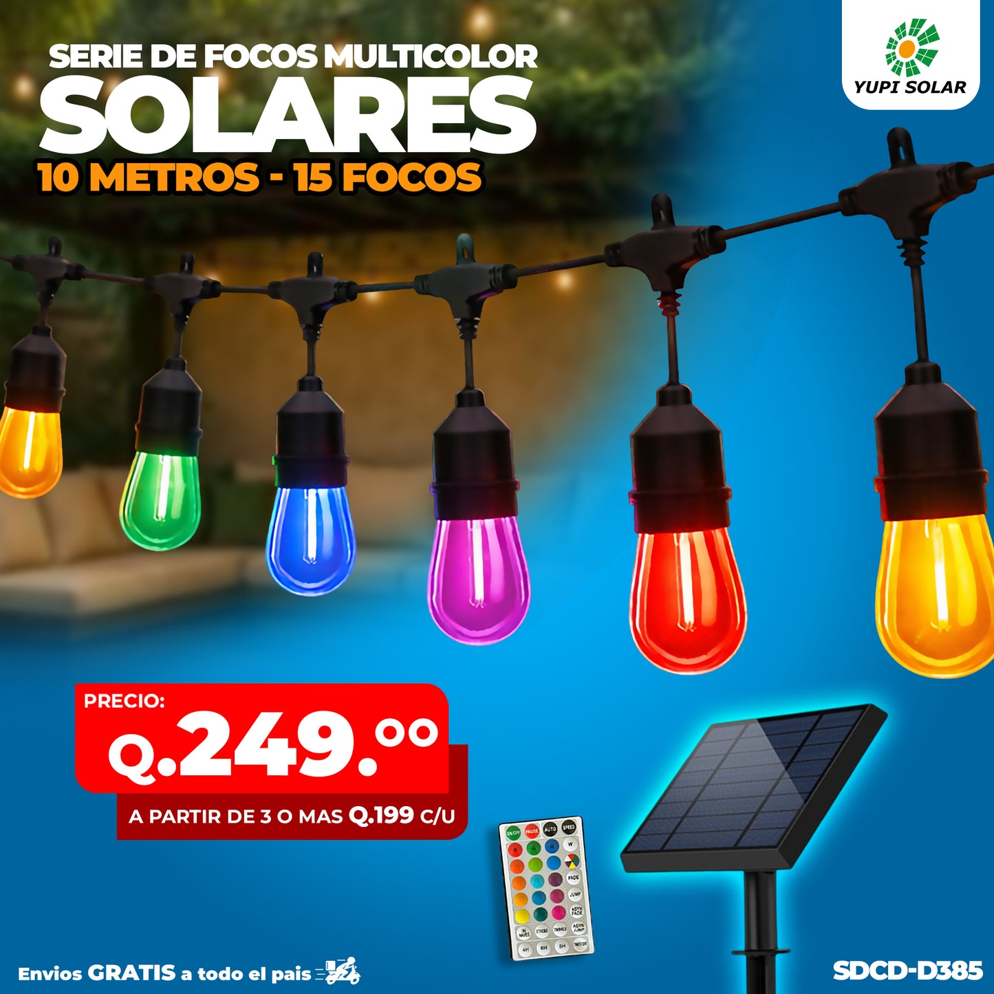 Serie de Focos Vintage con Panel Solar 10 metros 15 focos