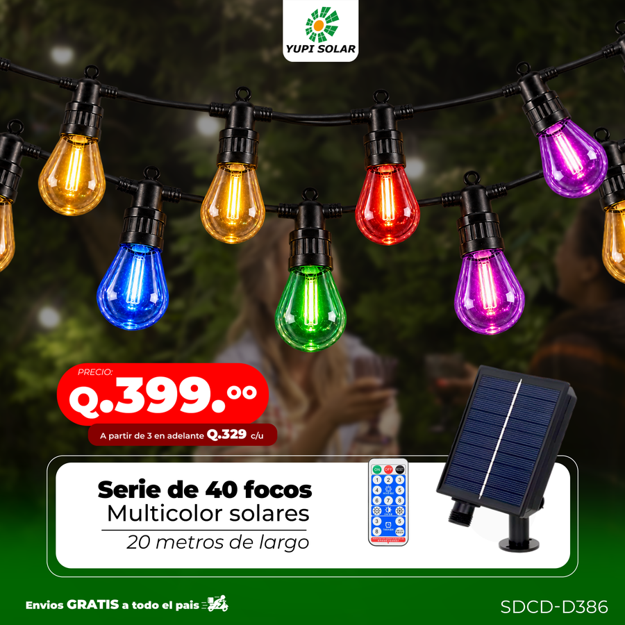 Serie de Focos Vintage con Panel Solar 20 metros 40 focos