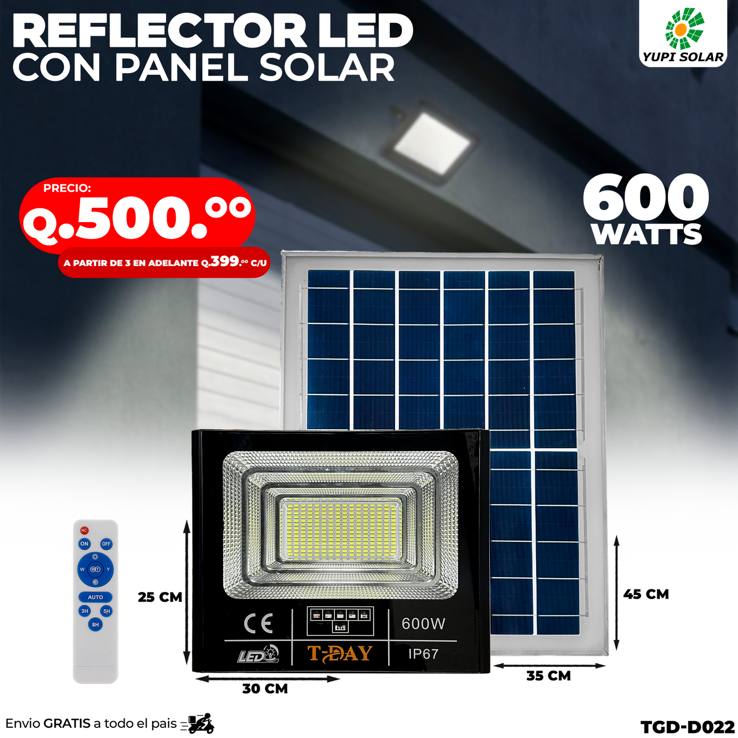 Reflector led con panel solar 600 watts