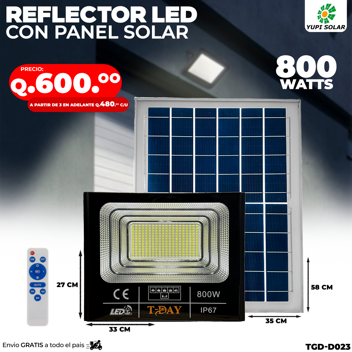 Reflector led con panel solar 800 watts