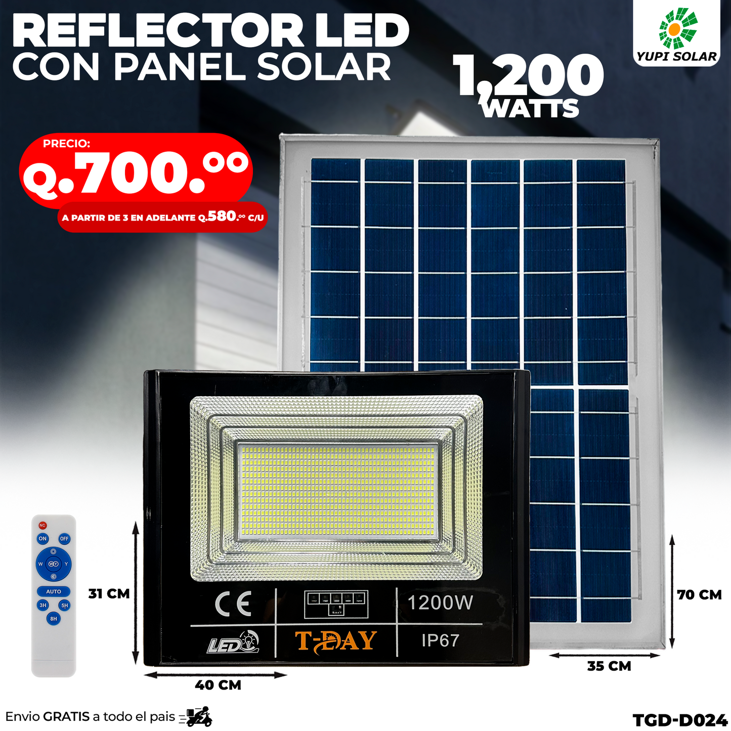 Reflector led con panel solar 1,200 watts