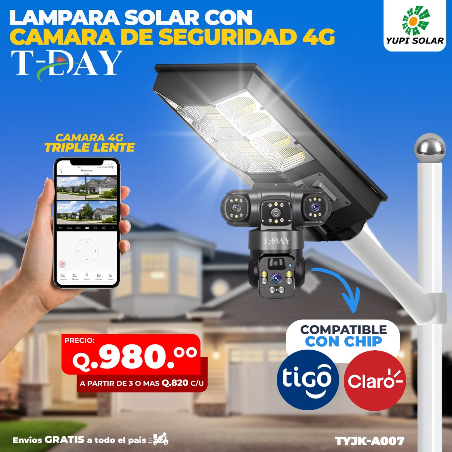 Lámpara solar con cámara de seguridad de triple lente 4g integrada