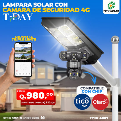 Lámpara solar con cámara de seguridad de triple lente 4g integrada
